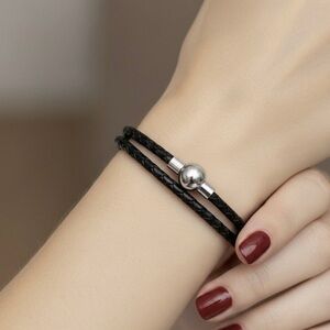 Linx Double Black Leather Braided Cord Bracelet with Magnetic Clasp